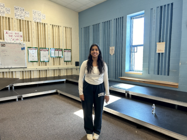 Shreya Ravi (‘24) is going to star as Judy in the Green Hope spring musical, 9 to 5. She strikes a pose in the chorus room where GH Theatre hosts many of their practices.